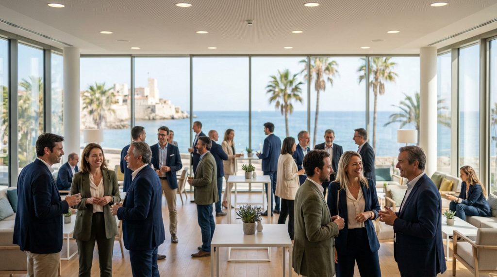 Professionals network at a sophisticated event in Antibes, French Riviera. Large windows offer views of the Mediterranean Sea, palm trees, and a historic fortress. Attendees are smiling and conversing.