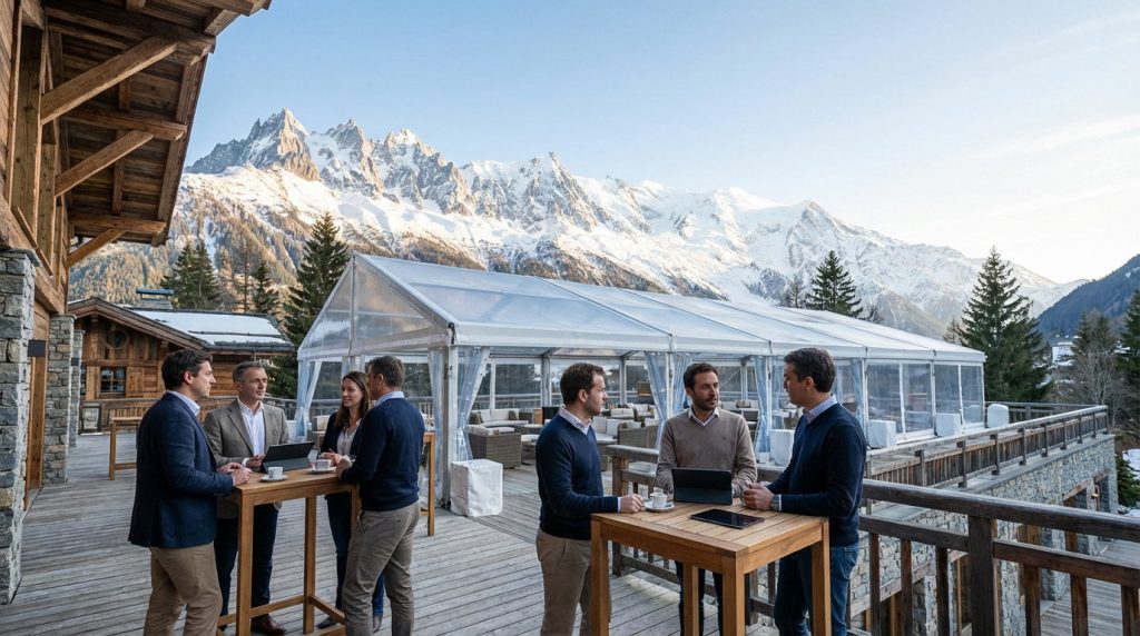 Group networking on a Chamonix chalet terrace with a clear event tent and the majestic, snow-capped Mont Blanc massif.