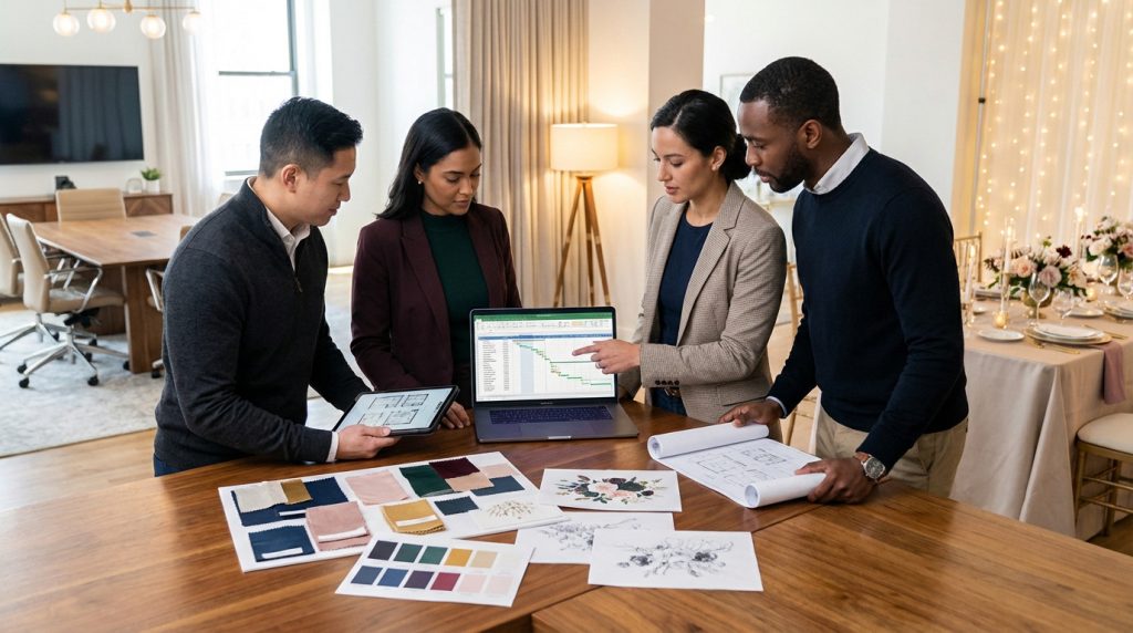 Four diverse event planners review digital schedules, blueprints, and mood boards. Background: conference room and festive table setting.