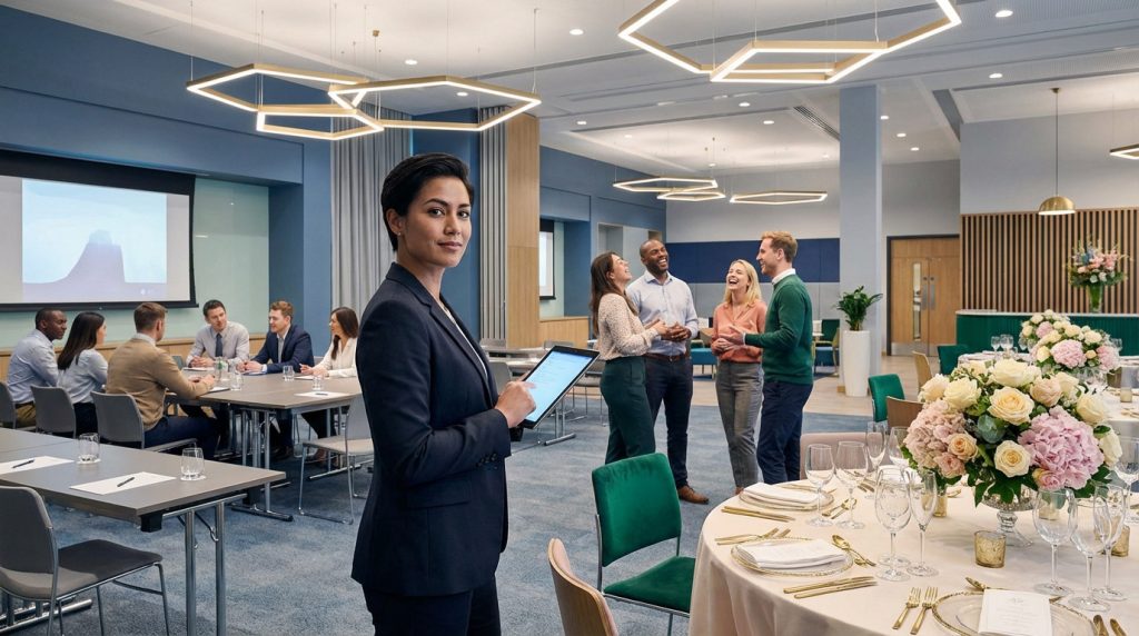 Modern event hall showcasing diverse setups: seminar, networking, and wedding reception, overseen by a professional.