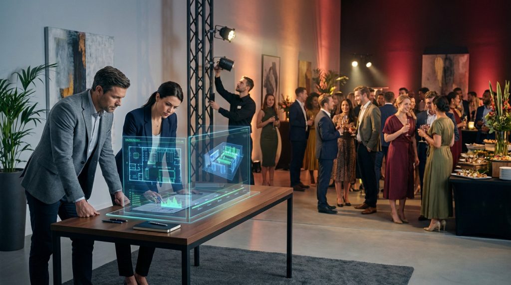 Professionals use a holographic display to plan an event. Behind them, staff prepare, and guests enjoy a sophisticated celebration.