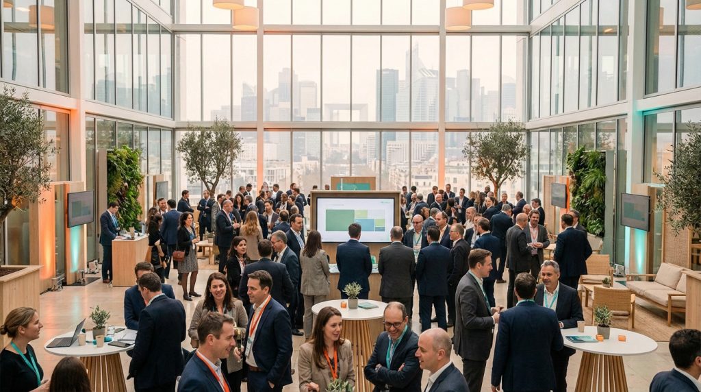 Wide shot of a bustling corporate event in a modern, bright venue with a blurred La Défense skyline. Attendees network amidst green plants.