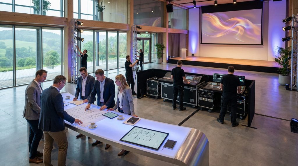 Modern event space with team planning at an illuminated table, technicians setting up stage lights and sound, and a projection screen displaying abstract art, overlooking a green landscape.