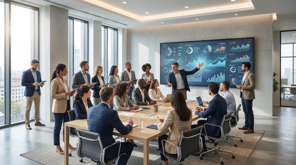 Diverse professionals in smart business casual collaborate in a modern conference room. Presenter uses a screen with data visualizations.