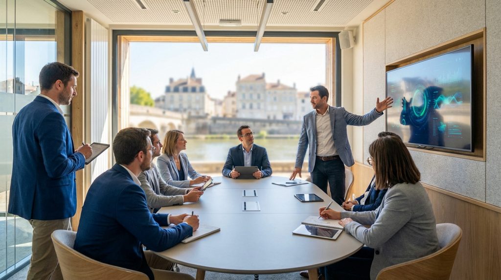 Professionals in a modern Chalon-sur-Saône conference room, one presenting on a screen to attentive colleagues.