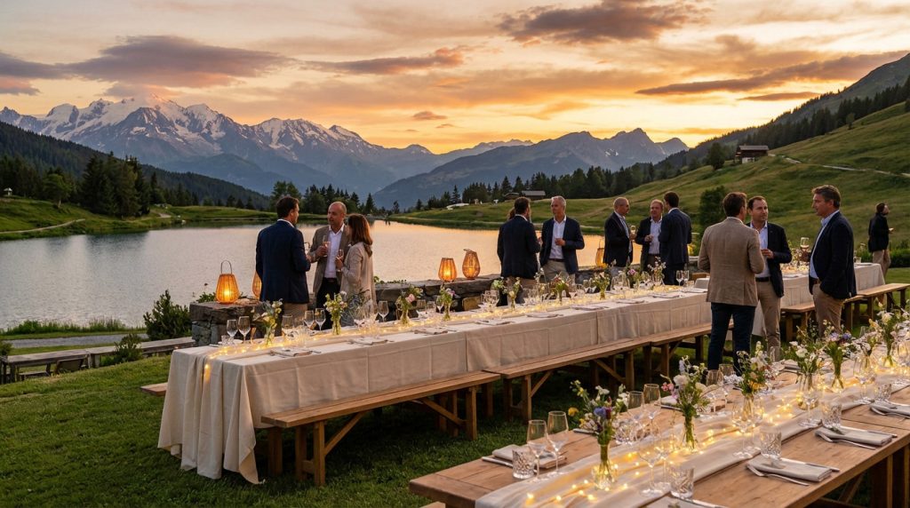 Elegant outdoor event by a serene lake with snow-capped mountains at sunset. Guests mingle around tables with string lights and floral decor.