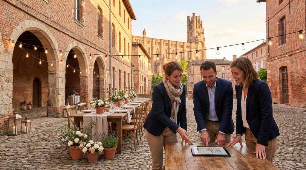 Three event planners review details on a tablet in a historic Albi courtyard with red brick architecture, string lights, and a set table.