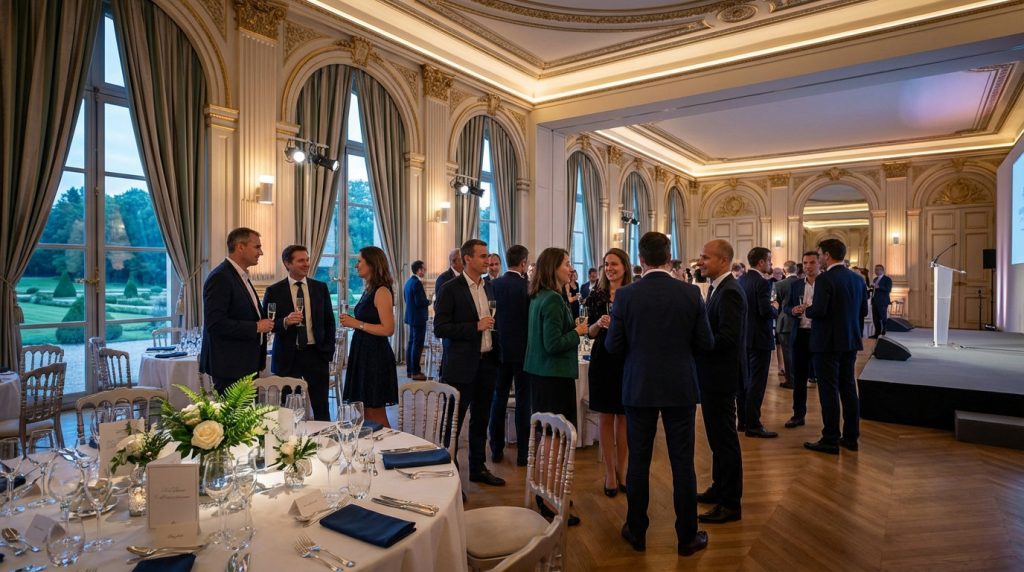 A professional gala in a grand venue with high ceilings, arched windows overlooking gardens, and elegantly dressed guests networking. A dining table is in the foreground.