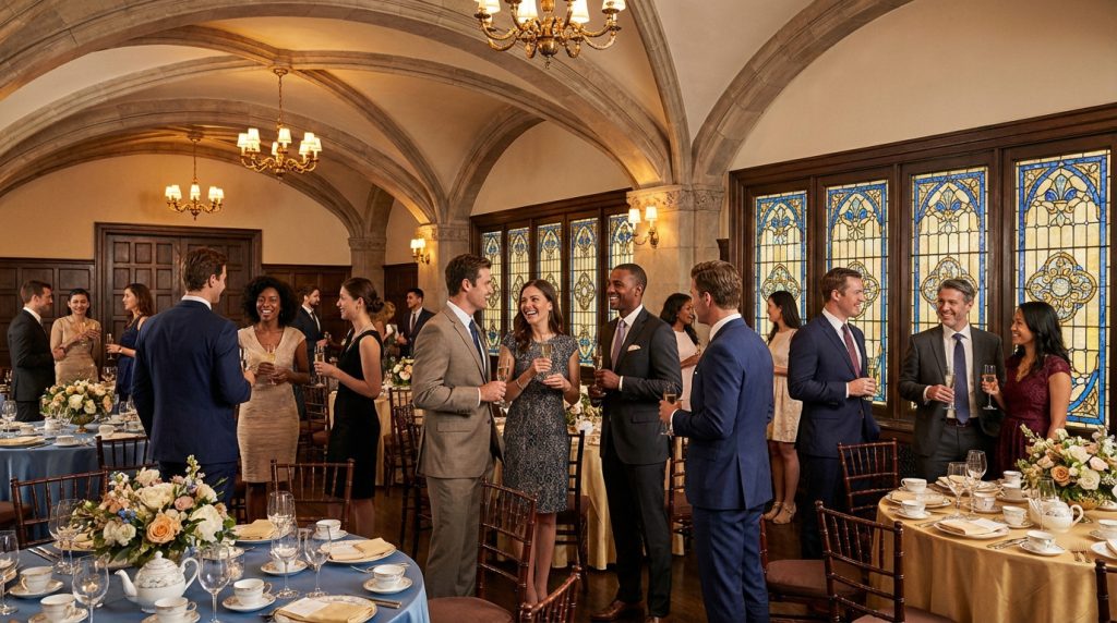 Diverse guests in formal attire at an elegant event with vaulted ceilings, stained glass, chandeliers, and floral centerpieces.