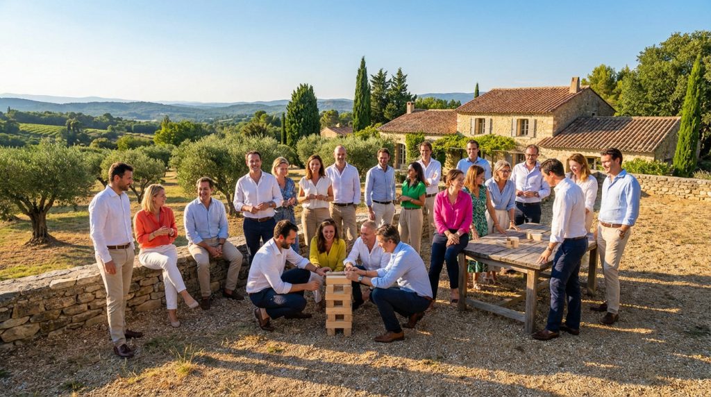 A group of elegantly dressed professionals engaging in team-building (Jenga) and networking in a sunny Provençal landscape with olive groves and stone buildings.