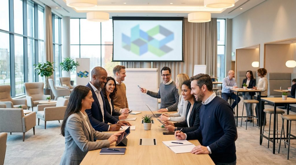 Diverse professionals smiling, collaborating at a light table in a modern, well-lit event space. Screen shows abstract graphics.