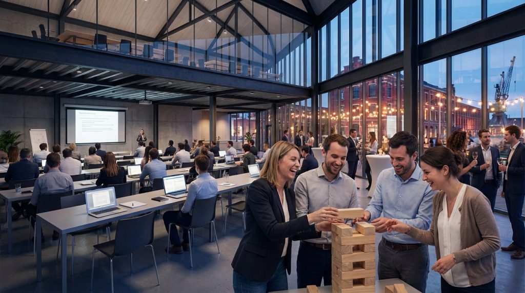 Groupe souriant en team-building (Jenga) au premier plan. Séminaire et réception cocktail dans un espace moderne et lumineux à Roubaix.