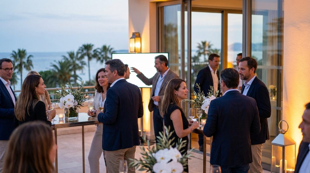 Group of professionals networking on an elegant terrace at dusk, overlooking the French Riviera with palm trees and sea. Floral decor and warm lighting.
