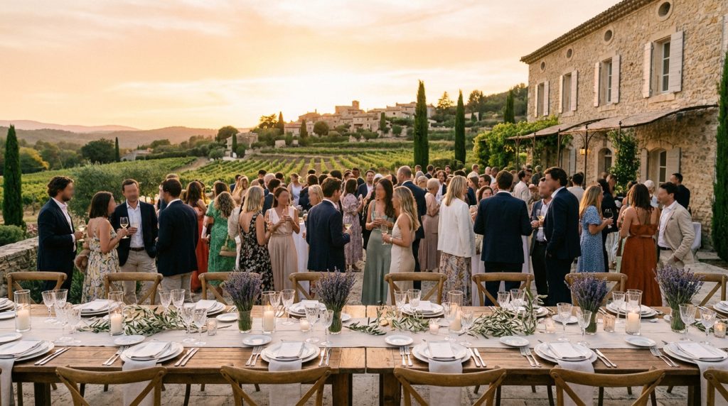 Elegant golden hour reception at a Provençal vineyard. A long table with lavender and olive branches in foreground, guests mingling.