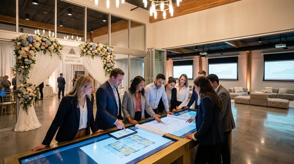Professionals plan events on an interactive table with blueprints. A versatile venue features wedding showcase and seminar areas.