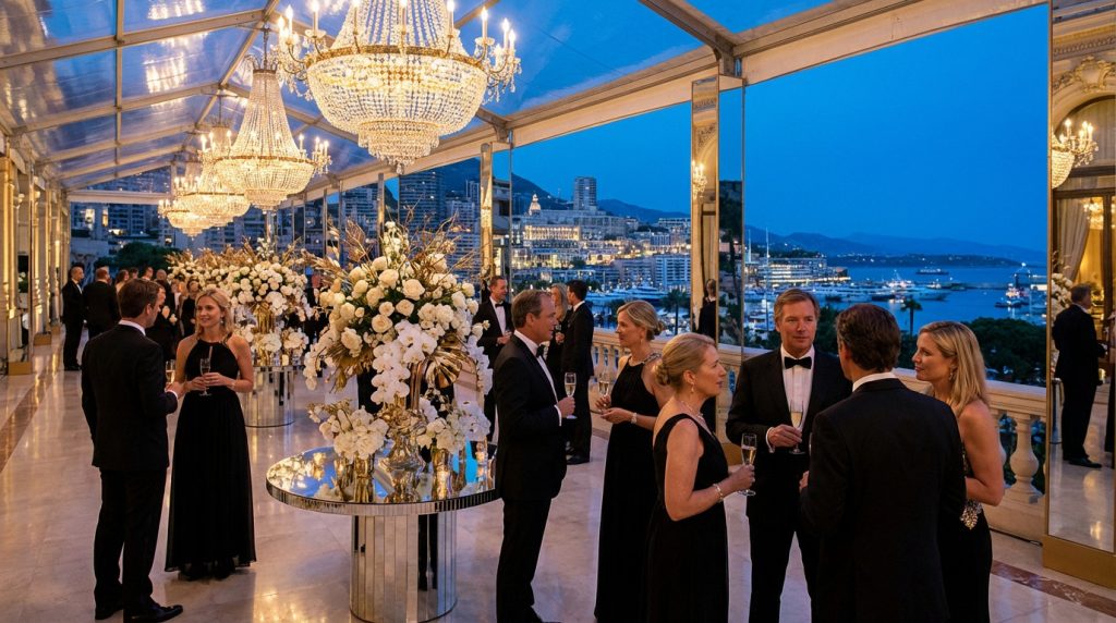 Elegant guests in black tie mingle at a luxurious event in Monaco, under crystal chandeliers, with the illuminated city skyline and sea at dusk.