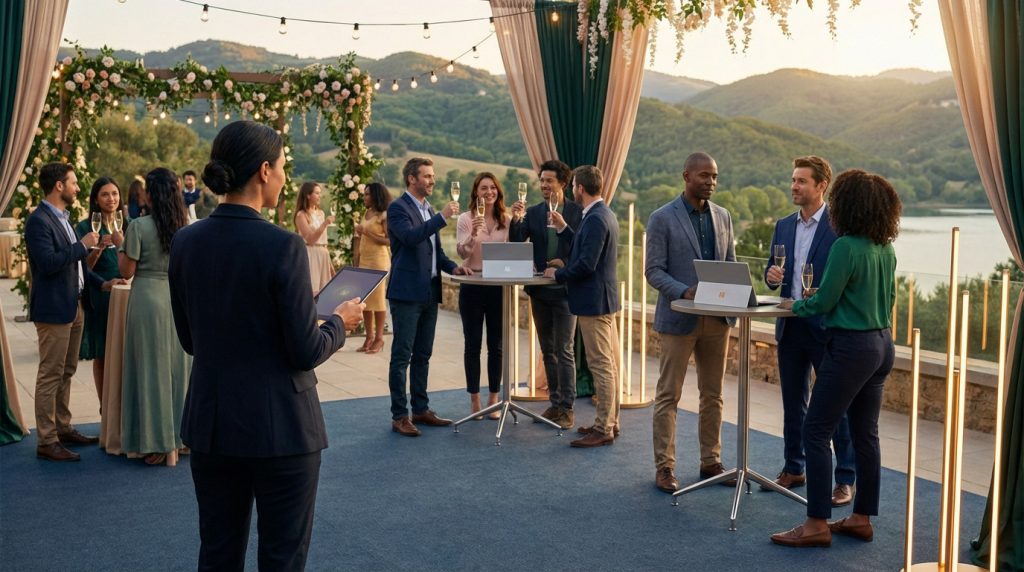 Diverse group at an elegant outdoor event, networking and toasting with drinks. A coordinator uses a tablet. Scenic hills and lake in background.