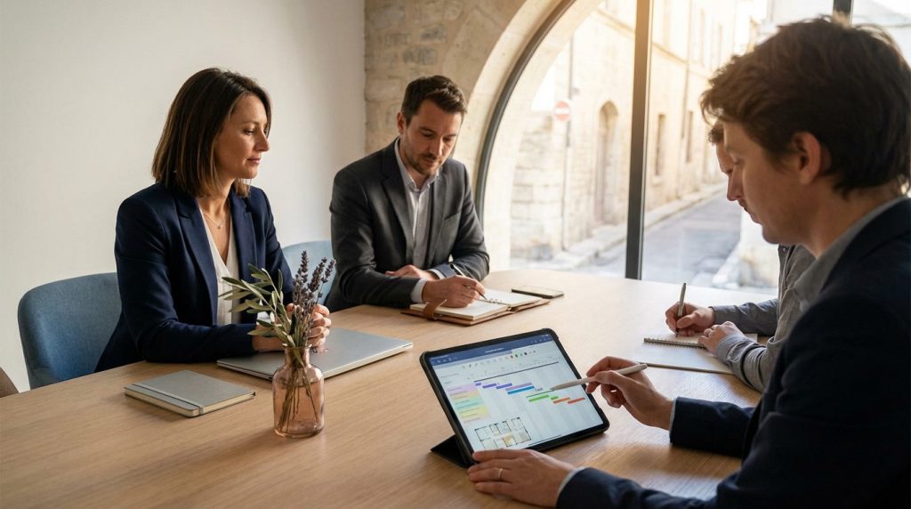 Trois professionnels planifient un événement autour d'une table, l'un pointe une tablette, dans une salle lumineuse à Avignon.