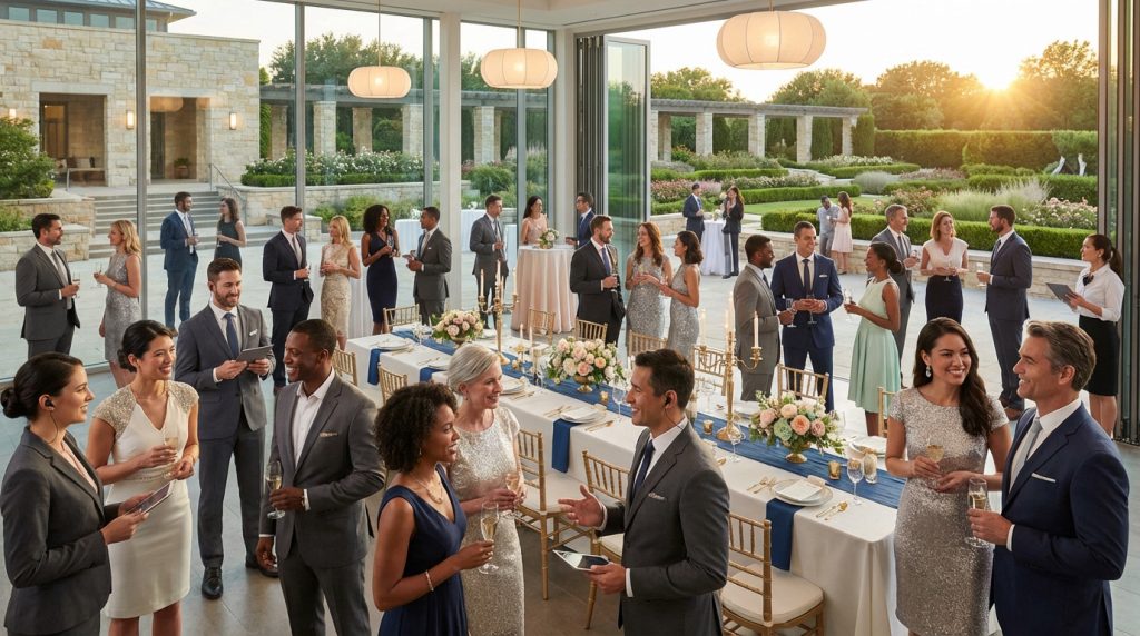 Guests and staff interact at a sophisticated indoor-outdoor event. Elegant decor, modern venue, and warm golden hour lighting.