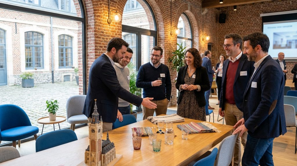 Diverse professionals at a Nord-Pas-de-Calais event, engaging around a table with a belfry model and local heritage items. Well-lit.