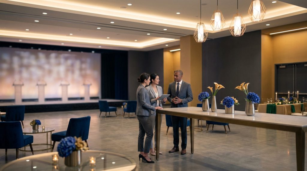 Three professionals discuss in an elegant, modern event space with blue and gold decor, soft lighting, and a blurred stage.