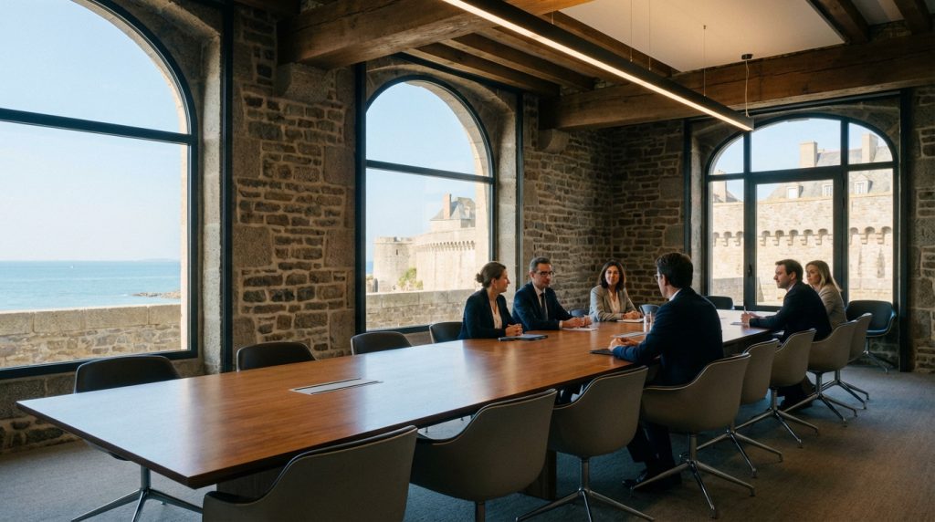 Conference room in Saint-Malo stone building. Arched windows reveal ramparts, sea. Business professionals at modern table.