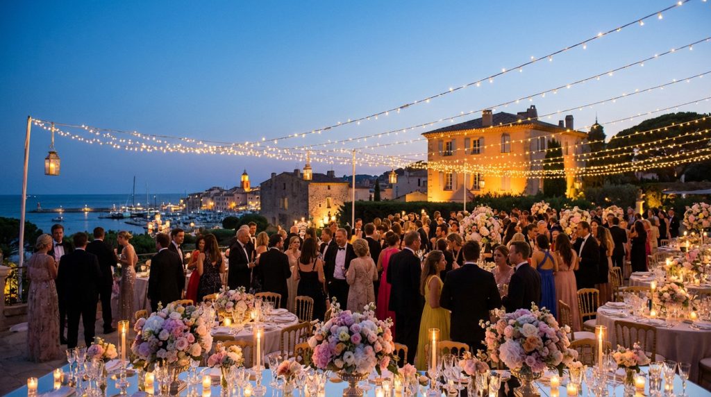 Wide-angle view of a luxurious outdoor evening event in Saint-Tropez with elegantly dressed guests, lush floral tables, and the illuminated port in the background.