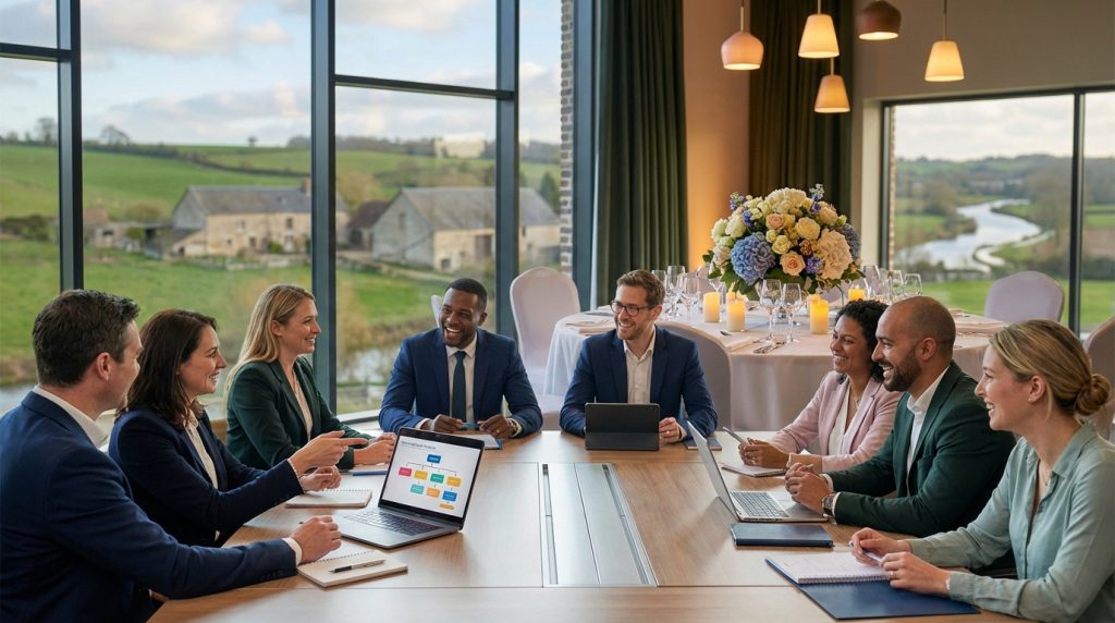 Diverse group in business attire at a conference table, with an elegant celebration table and Norman landscape in the background.