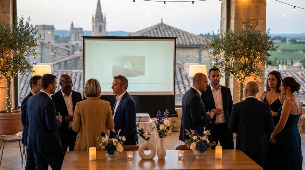 People in business and festive attire mingle in a sophisticated Béziers event space with a presentation screen, floral decor, and historic city views.
