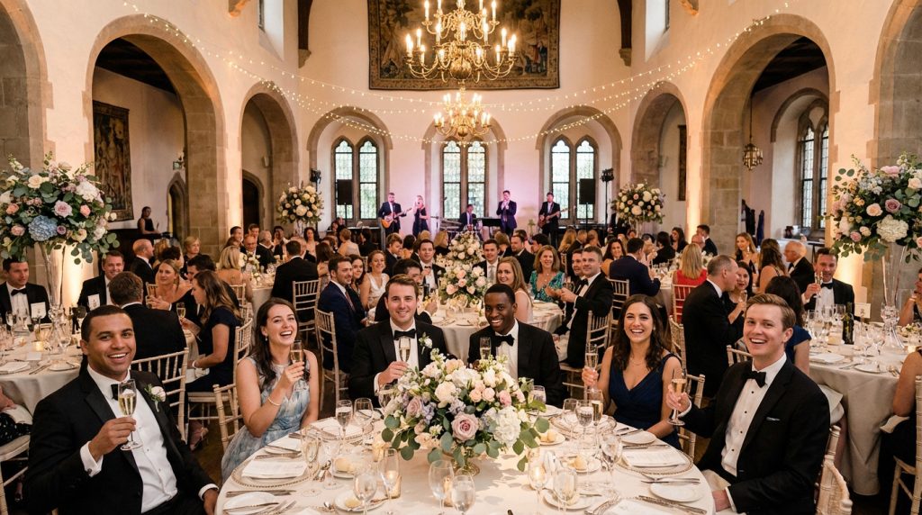 Wide shot of a joyful, elegant gala in a grand hall with stone arches, chandeliers, and string lights. Guests in formal wear sit at tables with floral centerpieces, smiling and raising glasses.