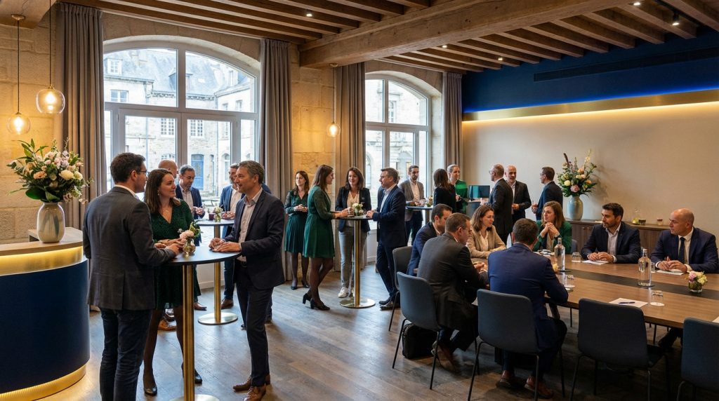Diverse professionals network at a sophisticated corporate event in Quimper, featuring elegant high-top tables and a conference setup.