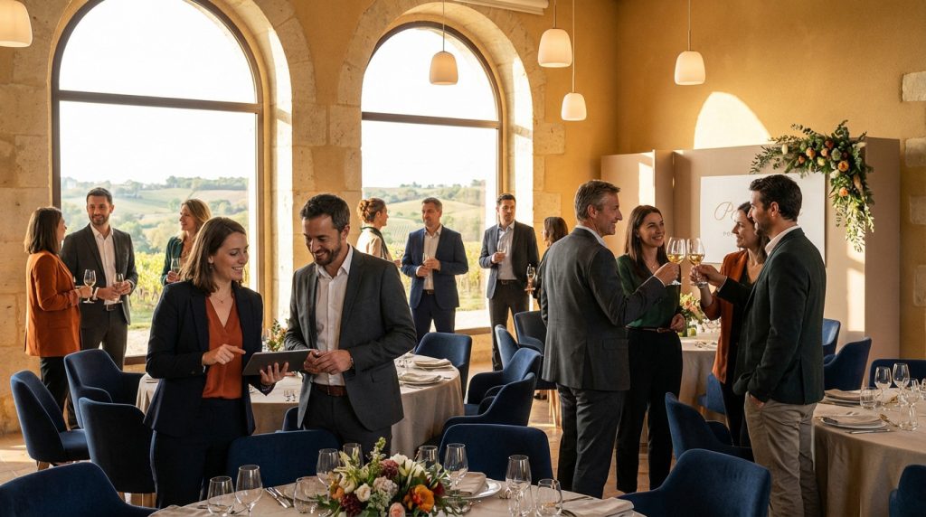 A sophisticated event in Aquitaine, featuring elegantly dressed guests interacting, toasting, and overseeing details on a tablet. Warm light illuminates stylish decor and vineyard views.