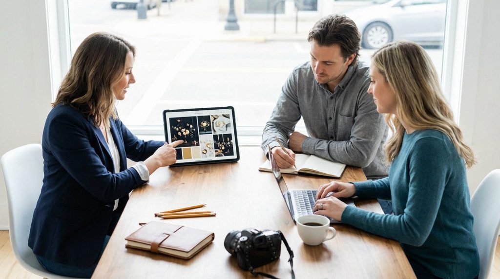 Three event planners collaborate in a bright studio. One points at a tablet mood board, another notes, third uses laptop.