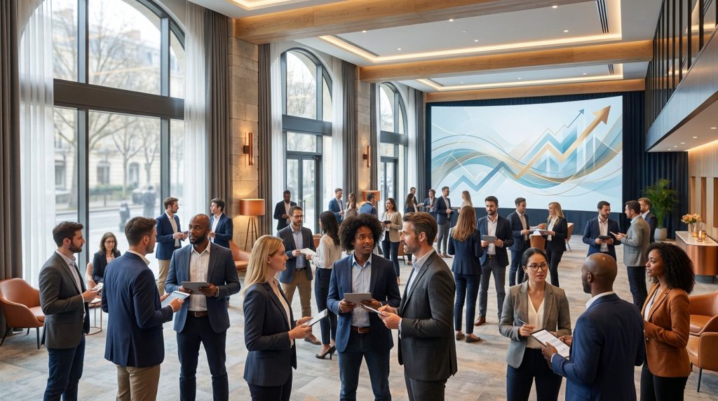 A diverse group of professionals networking and collaborating in a bright, modern event space with large arched windows and a screen displaying a growth graphic.