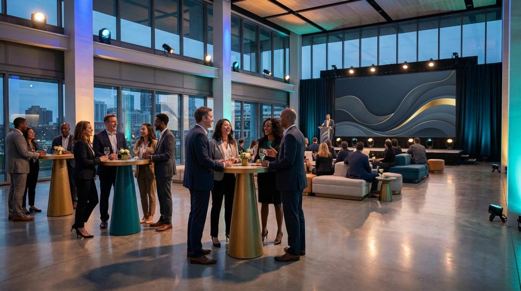 Professionals network at a sophisticated corporate event with dynamic lighting, city views, and a stage with abstract blue and gold graphics.