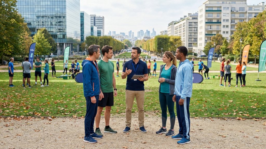 Organizer briefs five diverse participants in athletic wear at a corporate team-building event in a vibrant urban park.