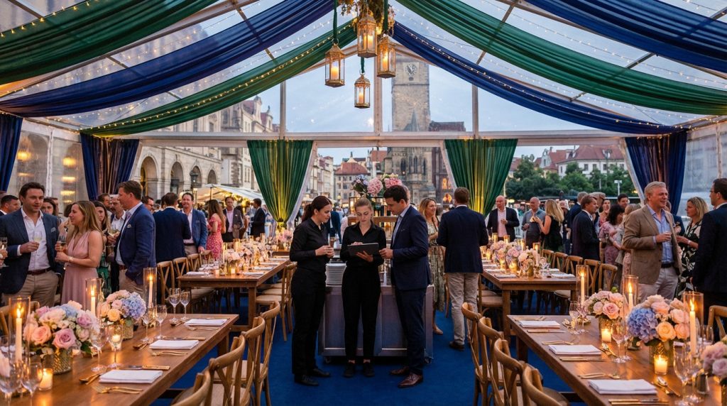 Elegant event in a tent at dusk with blue/green drapes, string lights, and candlelit tables. Guests chat, staff use a tablet. European town in background.