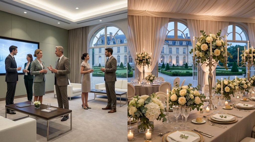 Split image: modern corporate networking on left, elegant wedding reception on right, both overlooking a French chateau in Yvelines.